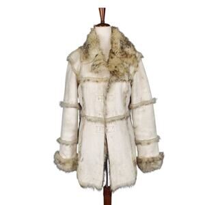 Y2k Penny Lane Bebe Faux Suede & Fur Lined Cream Coat Mid Length - Size Medium